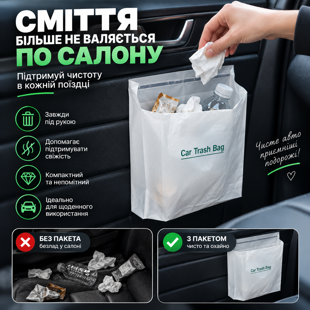 Car Trash Bag допомагає підтримувати чистоту в салоні