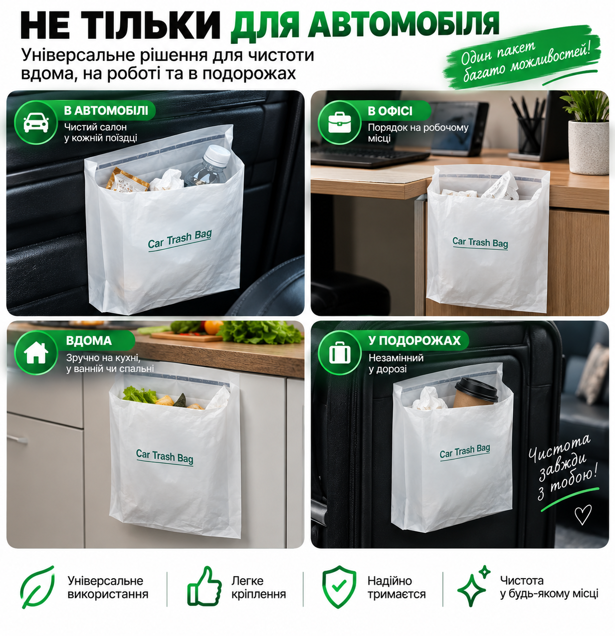Використання Car Trash Bag в автомобілі, вдома, в офісі та подорожах