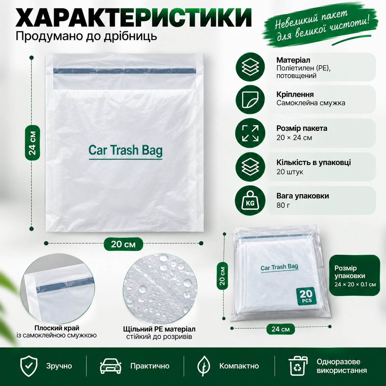 Характеристики пакетів Car Trash Bag 20 на 24 сантиметри